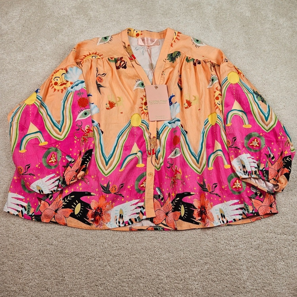 NWT Scandal Italy Mykonos Top L Floral Boho Blouse Celestial Made Italy Zodiac